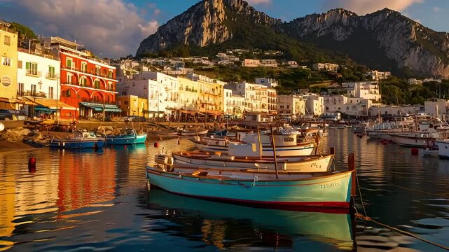 Picturesque Harbor of Capri Island at Sunset with fishing boats in the water and Colorful buildings