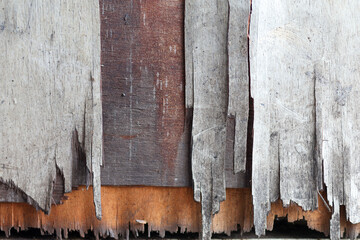A close-up of a severely damaged and peeling plywood surface, revealing layers of brown and reddish wood underneath, creating a rough, abstract, and distressed texture background.