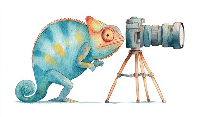 A colorful chameleon curiously peers through the lens of a camera on a tripod, showcasing its vibrant colors and unique features.