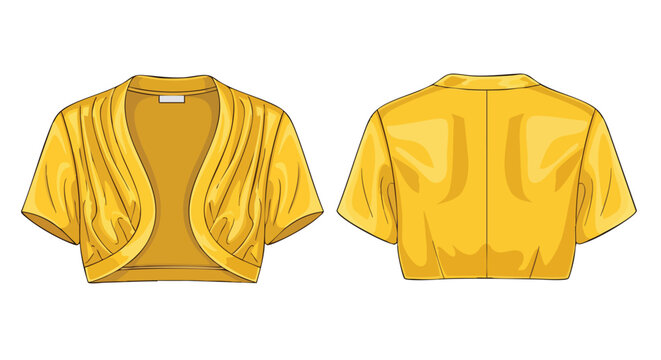 Fashionable ochre bolero jacket showcased front and back, a chic and versatile wardrobe addition revealing garment construction details