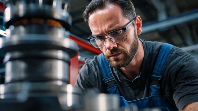 Precision in Motion: A focused engineer, clad in protective eyewear and work attire, meticulously inspects a complex machine, embodying expertise in the realm of engineering and industrial processes.