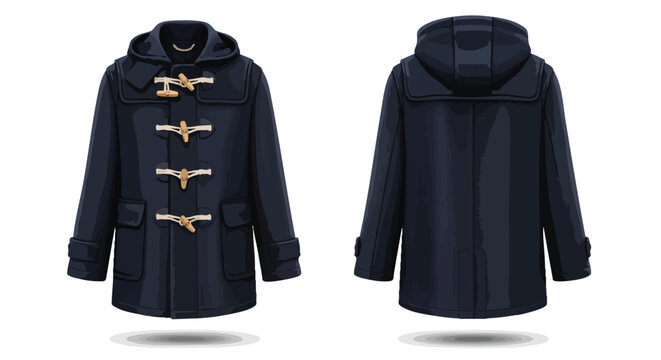 Elegant navy duffle coat illustration showcasing front and back design details for outerwear collections