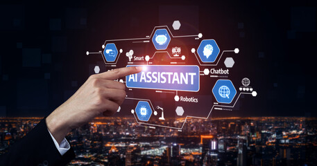 A hand interacts with a high-tech AI assistant interface set against a vibrant city skyline at...