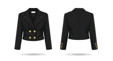 Elegant black cropped blazer illustration with gold buttons viewed from front and back style showcase