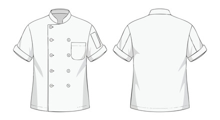Simple technical illustration of a chef's uniform: Front and back views on a plain white background