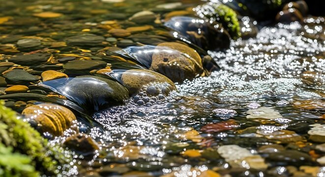 Clear mountain stream with smooth river rocks and sparkling water bubbles.