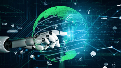 A robotic hand reaches towards a digital globe, showcasing environmental themes and technology. This image symbolizes the intersection of innovation and sustainability. Xenic