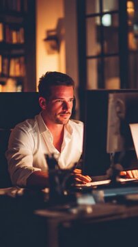 Focused at Computer at Night: A focused individual engrossed in work at his computer desk, illuminated by the warm glow of the screen and desk lamps in the night.