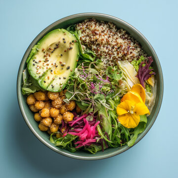 Vegan buddha bowl with quinoa, avocado, chickpeas, greens, sprouts, and edible flowers served in ceramic bowl on light blue background.