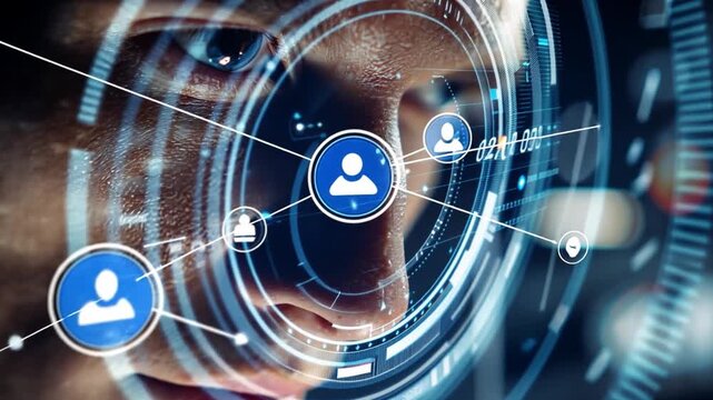 Human Connection in the Digital Age: A focused gaze penetrates a digital interface representing connection, highlighting the growing significance of online interaction in contemporary living.