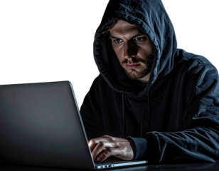 Person Wearing Hoodie Using Laptop in Dark Room, Cybersecurity Concept, Isolated on Transparent Background 