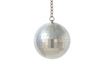 Disco mirror ball hanging creating festive party atmosphere, transparent background for easy use