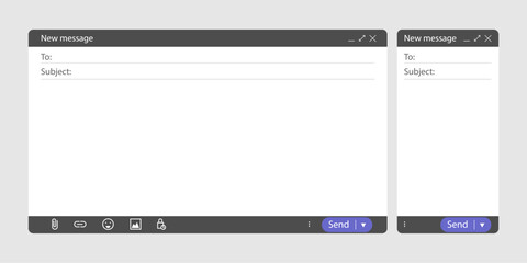 Computer and smartphone email screen mockup. Blank ui message window with empty text field and send button. Flat web layout concept for online office design or website template illustration