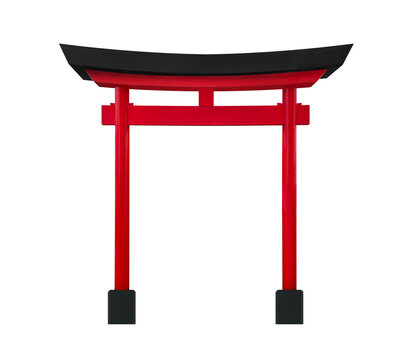 Front view Torii gate, Japanese gate, red pillars, red beams, black and red roof isolated on white background