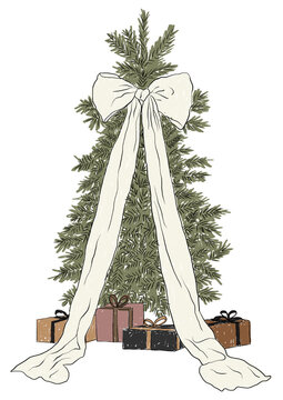 Ilustraci&oacute;n minimalista de un &aacute;rbol de Navidad decorado con un gran lazo de tela y regalos en la base. Estilo limpio, elegante y atemporal, con una paleta de colores suaves y un trazo delicado.