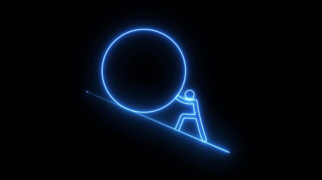 Glowing neon hard work icon isolated on black background. Neon outline of pushing boulder upward symbolizing effort and perseverance. the man hard working neon icon animation.