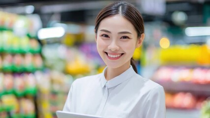 Smiling face at the Grocery store: A retail employee stands confidently in a bustling grocery store environment, showcasing their radiant smile.