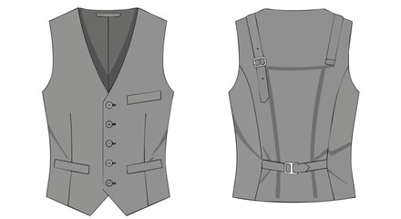 Sophisticated menswear vector illustration: detailed front and back view of a stylish gray vest showcasing tailored design elements and adjustable