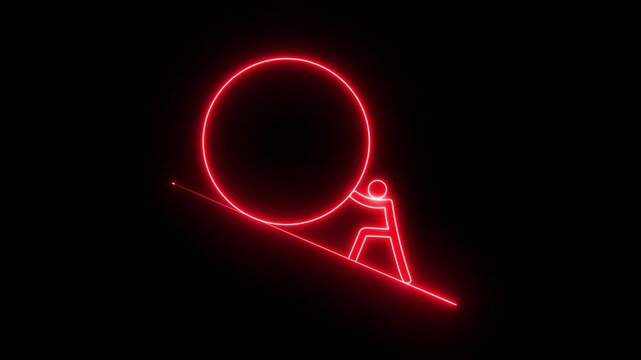 Glowing neon hard work icon isolated on black background. Neon outline of pushing boulder upward symbolizing effort and perseverance. the man hard working neon icon animation.
