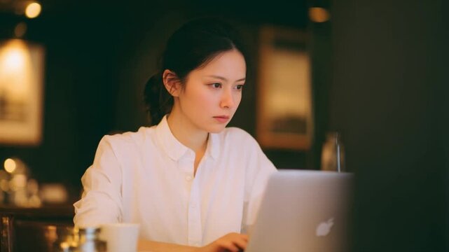 Focused Productivity: A woman, engrossed in her work, sits before a laptop, radiating concentration and determination in a stylish, well-lit setting. 