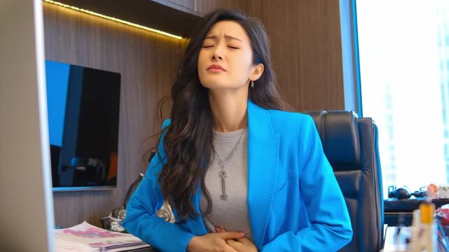 Businesswoman&rsquo;s Predicament: A businesswoman, facing an office crisis, struggles with a stomach ache, her face contorted in pain amidst the chaos. 