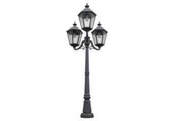 Ornate three headed street lamp isolated on transparent background