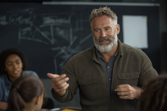 Experienced educator with gray beard engaging students in a classroom setting, using gestures to illustrate concepts and foster interactive learning environment
