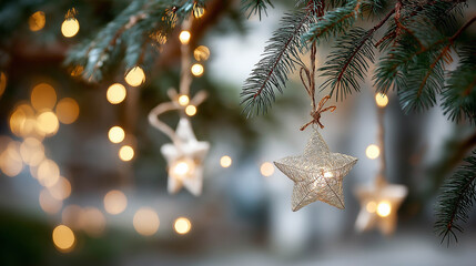 Decorative star ornaments hanging from evergreen branches, illuminated by soft glowing lights, creating a warm and festive atmosphere for holiday celebrations and seasonal joy