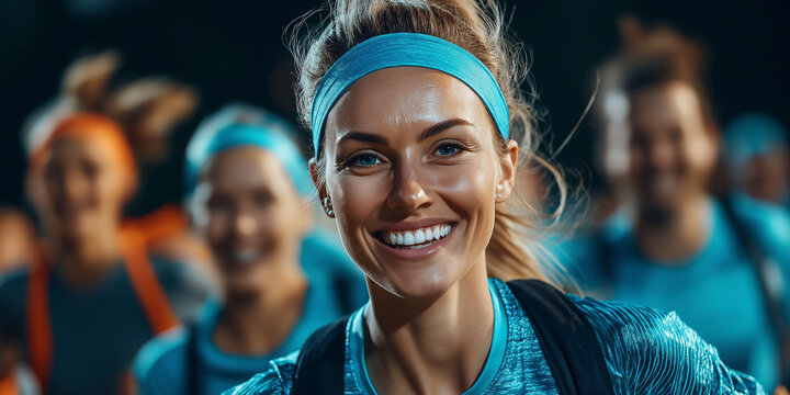 Athletic woman with a bright smile leads a group of enthusiastic runners, showcasing teamwork and motivation in a vibrant outdoor setting during a fitness event