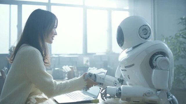 Handshake of Tomorrow: A captivating moment unfolds as a woman extends a hand in a gesture of unity, creating a connection of technology and humanity.