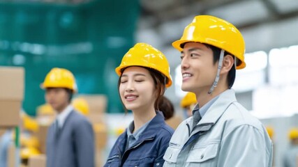 Factory Team in Focus: A dynamic team of factory workers, donning safety helmets, exudes a sense of purpose and professionalism, contributing to the efficient operation of the industrial setting. 