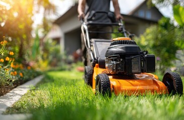 A person is mowing a lush green lawn with a lawnmower on a sunny day in a residential area, outdoors.