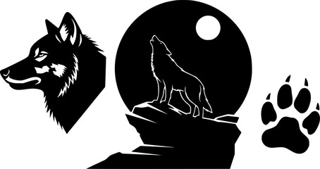 wolf head silhouette, wolf paw print, howling wolf on the moon silhouette, black and white, vector illustration