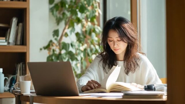 Focused Scholar: A woman engrossed in study, immersed in books and digital resources, capturing the essence of scholarly pursuit and intellectual engagement.