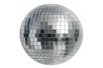 Disco ball shining, reflecting light, creating party atmosphere, for dance events and retro music nights on transparent background