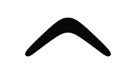 Simple black silhouette of a boomerang on a white background representing return and motion