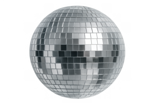 Disco ball shining, reflecting light, creating party atmosphere, for dance events and retro music nights on transparent background
