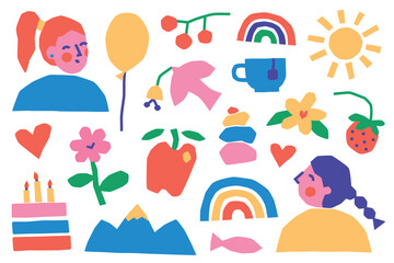 Collection of naive doodle illustrations in cute childlike style with rainbow, flower and cake. Playful hand drawn women girls, bright elements for postcards, prints and decorative design projects