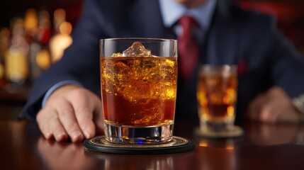 Sophisticated man in elegant suit enjoying whiskey at stylish bar refined evening drink.
