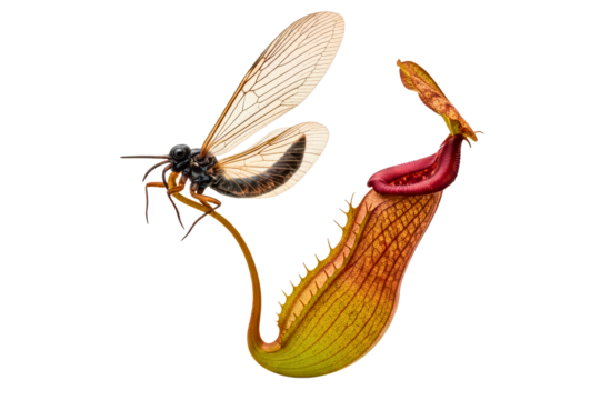 Carnivorous pitcher plant catching a flying insect on a transparent background - Powered by Adobe