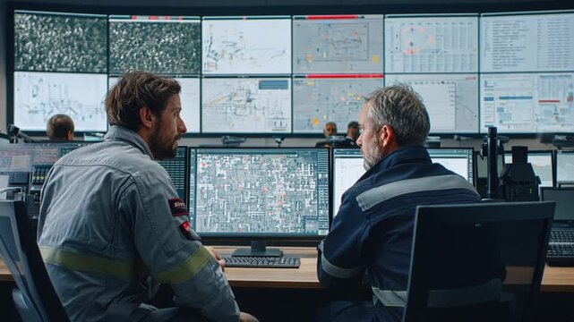 Discussing the Operation: Two professionals engage in a deep discussion within a control room, their gaze fixed on multiple screens displaying intricate data.