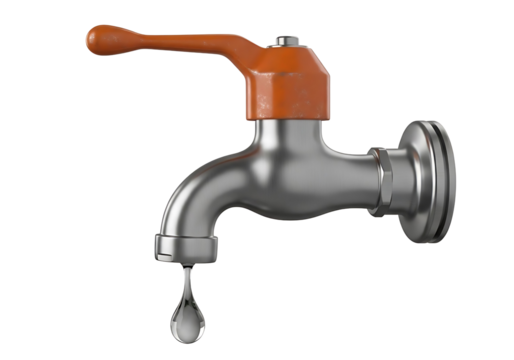 Metal water tap with orange handle and dripping water isolated on transparent background - Powered by Adobe