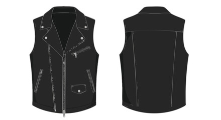 Detailed vector illustration of a sleeveless motorcycle leather jacket showcasing both the front and back designs, isolated on a white background