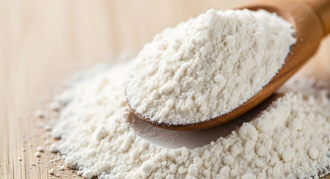 Pile of white flour in a wooden spoon on a wooden surface