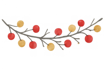 Watercolor branch bringing autumn and winter season vibes with red and yellow berries, transparent background