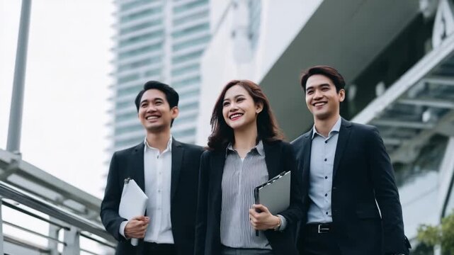 Successful Stride: A trio of sharp business people stride confidently through the cityscape, their focused expressions and business attire conveying a sense of purpose and achievement.