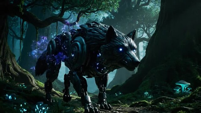 A mechanical wolf emerges from a mystical, bioluminescent forest undergrowth, ready to pounce