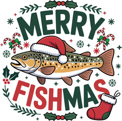 Humorous brown trout wearing santa hat with merry fishmas text and holiday decorations vector illustration