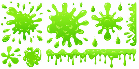 Collection of bright green slime splashes and drips in various shapes and sizes