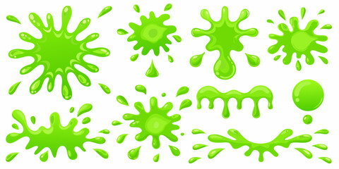 Collection of bright green slime splatters and drips in various shapes and sizes